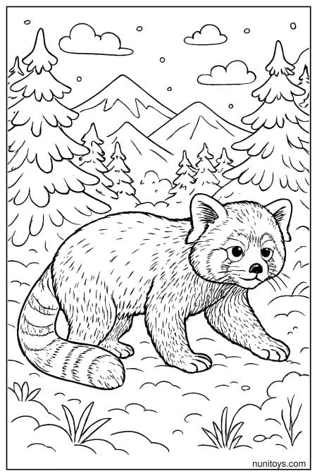 Red Panda Walking in a Mountain Forest Coloring Sheet