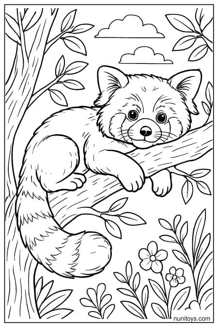 Red Panda Resting on a Tree Branch Coloring Page