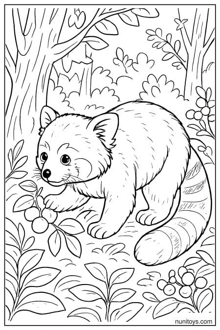 Red Panda Walking Through Forest Leaves Coloring Page