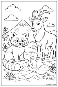 Red Panda with a Mountain Goat Coloring Sheet