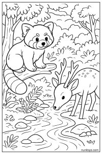 Red Panda Watching a Deer by the Stream Coloring Page