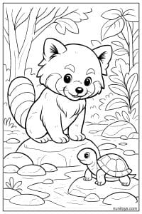 Kawaii Red Panda Meeting a Turtle Coloring Page