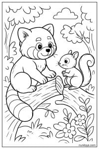 Kawaii Red Panda Talking with a Squirrel Coloring Page