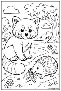 Red Panda and Hedgehog in a Forest Coloring Sheet
