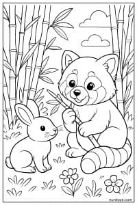 Kawaii Red Panda holding Bamboo near a Rabbit Coloring Page