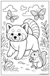 Kawaii Red Panda with Butterflies and a Squirrel Coloring Page
