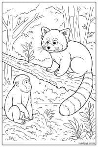 Red Panda Watching a Monkey in the Forest Coloring Page