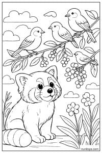 Red Panda Watching Birds in the Branches Coloring Page