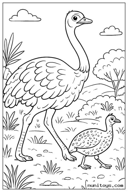 Adult Ostrich Walking with Young Chick Coloring Page