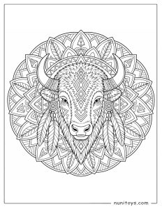 Bison Head with Feather Charms Mandala Coloring Page
