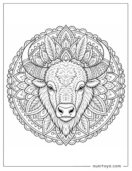 Bison Head with Ornate Horn Mandala Coloring Page