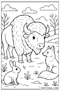 Bison Sharing Winter Plains with Fox and Snowshoe Hare Coloring Page