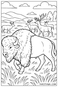 Bison Walking Beside Elk Herd Coloring Page