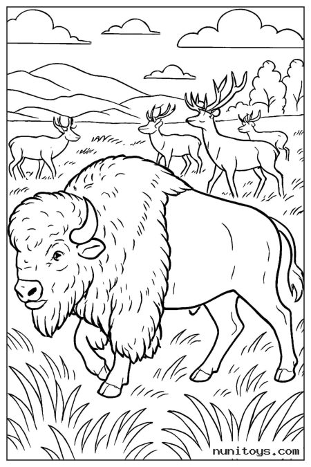 Bison Walking Beside Elk Herd Coloring Page