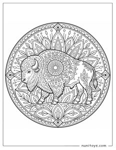 Bison Walking Inside Floral Mandala Coloring Page