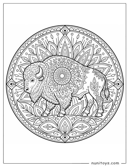 Bison Walking Inside Floral Mandala Coloring Page
