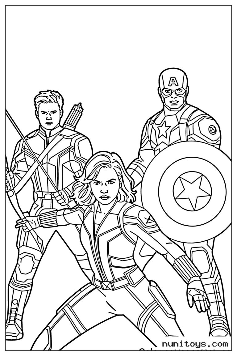 Coloriage Captain America avec Black Widow et Hawkeye en équipe