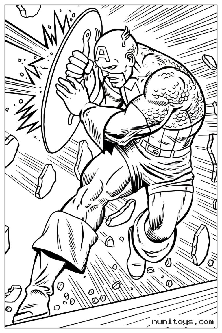 Coloriage Captain America en pleine action parmi des débris