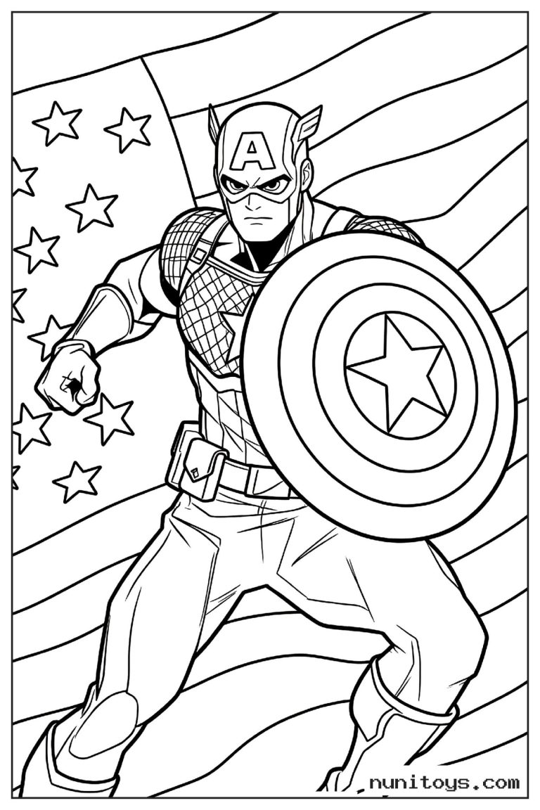 Coloriage Captain America avec bouclier devant drapeau américain