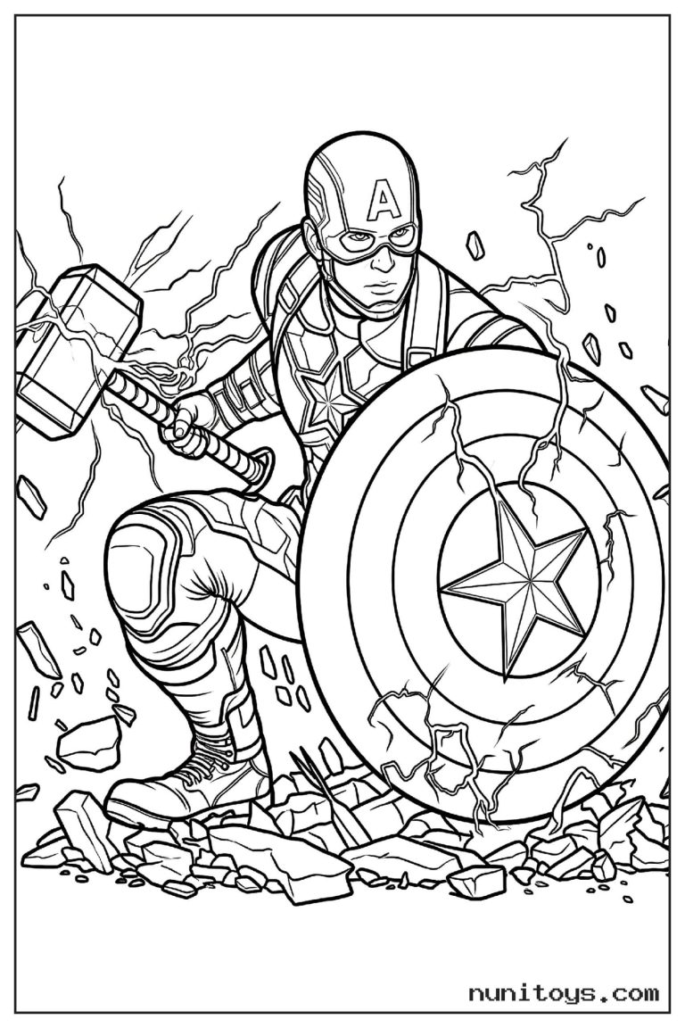 Coloriage Captain America avec marteau de Thor et bouclier