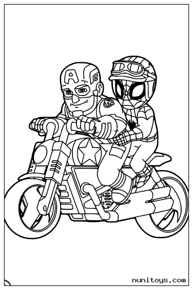 Coloriage Captain America et Spiderman roulant ensemble à moto