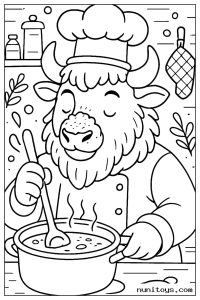 Cute Bison Chef Stirring Soup Coloring Page