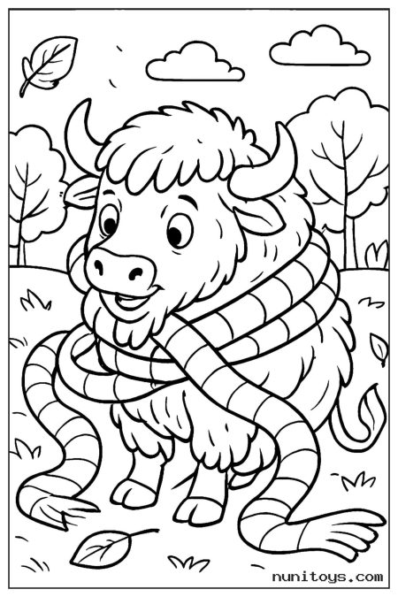 Cute Cartoon Bison Tangled in Striped Scarf Coloring Page