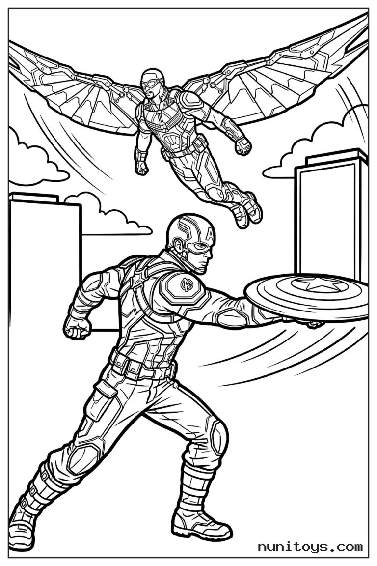 Coloriage Captain America lançant son bouclier avec Falcon en vol