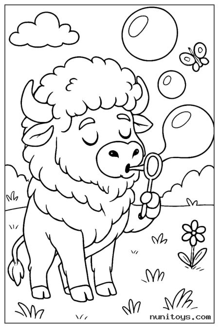 Funny Bison Blowing Bubbles Coloring Page