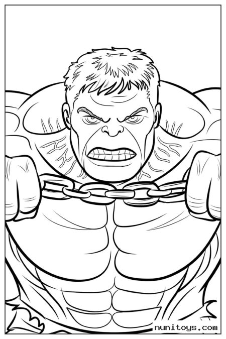 Hulk Pulling Heavy Chain Close-Up Coloring Page
