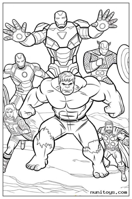 Hulk with Iron Man and Avengers Coloring Page