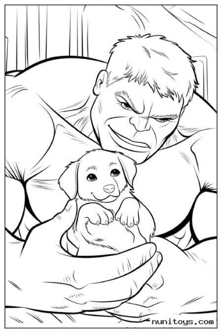 Hulk Gently Holding Cute Puppy Coloring Page