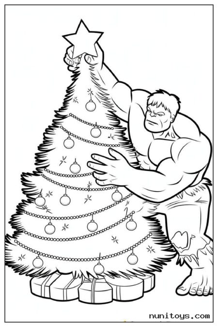 Hulk Decorating Christmas Tree with Star Coloring Page