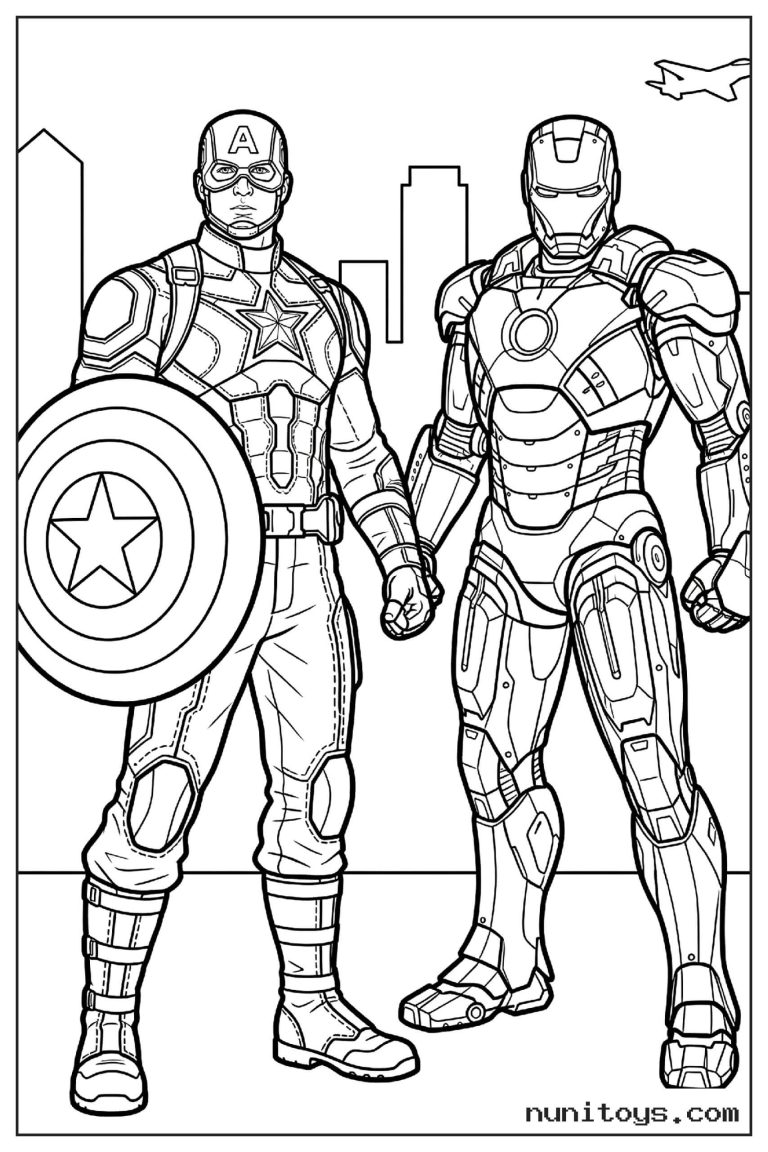 Coloriage Captain America et Iron Man debout devant la ville