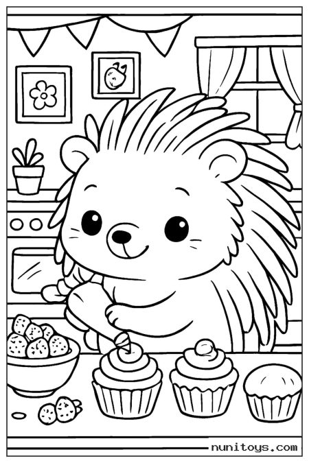 Kawaii Porcupine Decorating Cupcakes in Cozy Kitchen Coloring Sheet