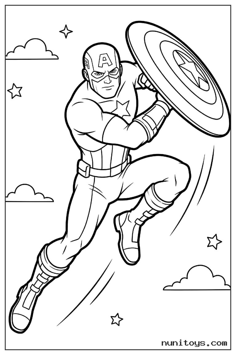 Coloriage Captain America bondissant avec son bouclier devant lui