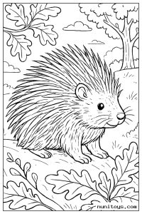 Porcupine Sitting Among Oak Leaves Coloring Page