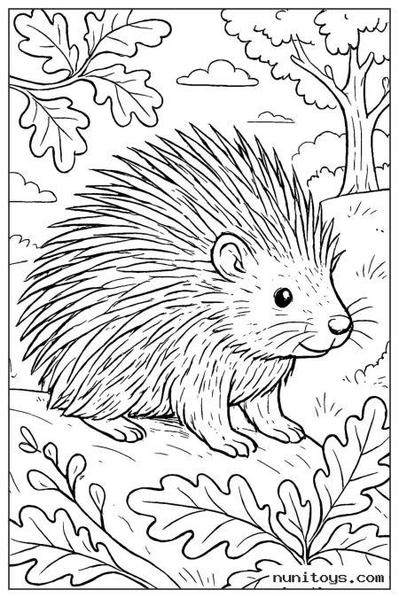 Porcupine Sitting Among Oak Leaves Coloring Page