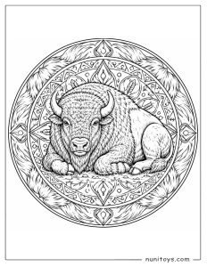 Resting Bison Inside Feather Mandala Coloring Page