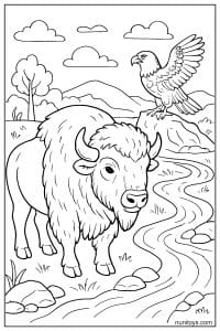 Bison and Bald Eagle Coloring Page: Rocky River Bend