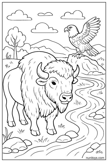 Bison and Bald Eagle Coloring Page: Rocky River Bend