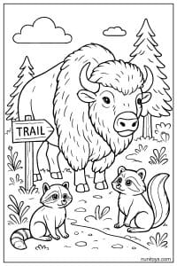 Bison with Raccoon and Skunk Near Trail Sign Coloring Page