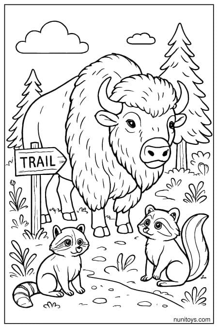 Bison with Raccoon and Skunk Near Trail Sign Coloring Page