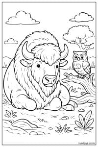 Bison Bull Resting with Owl on Driftwood Coloring Page
