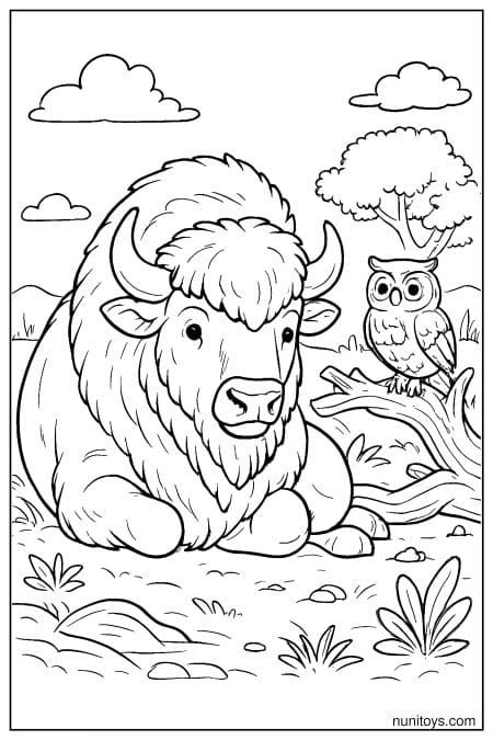 Bison Bull Resting with Owl on Driftwood Coloring Page