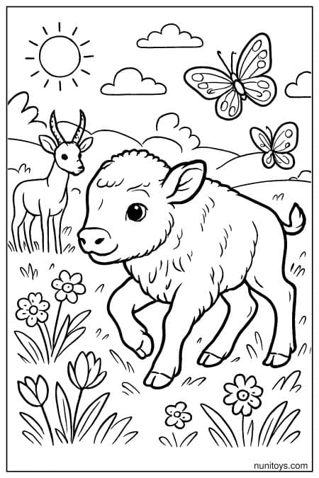 Cute Bison Calf Following Butterflies in Spring Meadow Coloring Page