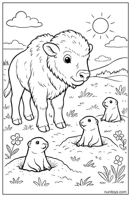 Cute Bison Calf Watching Prairie Dogs Coloring Page