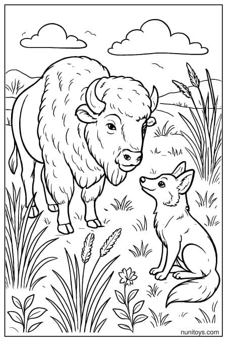 Bison and Curious Coyote in a Prarie Coloring Page