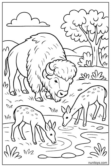Bison Grazing with Deer Drinking Pond Coloring Page
