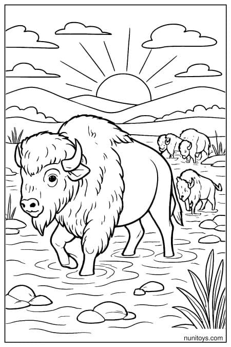 Bison Herd Crossing Shallow River at Sunrise Coloring Page